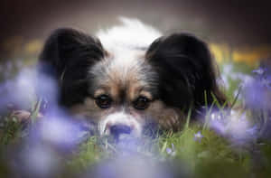 Papillon Dogin Flower Meadow Wallpaper