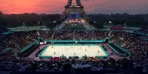 Paris Olympics2024 Eiffel Tower Volleyball Match Wallpaper