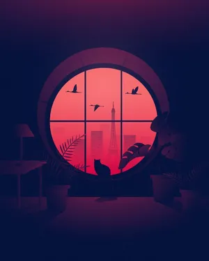 Parisian Sunset Silhouette Cat Window View Wallpaper