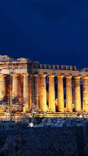 Parthenon Acropolis With Work Lights And Scaffolding Wallpaper