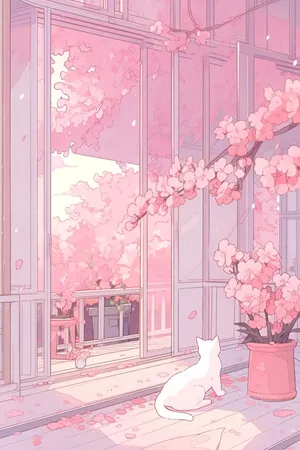 Pastel Cat Cherry Blossoms Window Wallpaper