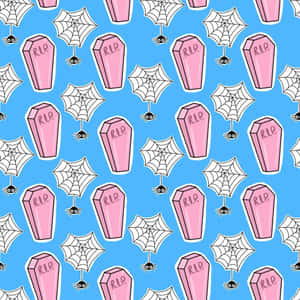 Pastel Coffinsand Spiders Pattern Wallpaper