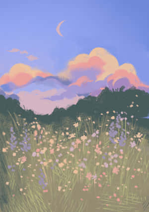 Pastel Meadow Twilight Illustration Wallpaper