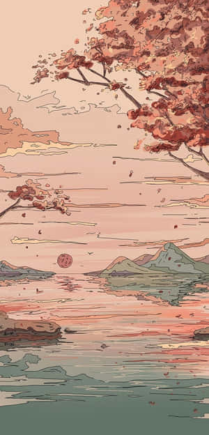 Pastel Pink Cherry Blossom Landscape Wallpaper