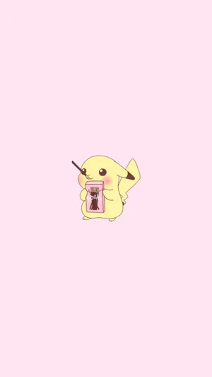 Pastel Pink Pikachu Sipping Cocoa Wallpaper