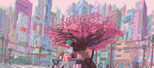 Pastel Retro Anime Cityscapewith Cherry Blossom Wallpaper