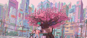 Pastel Retro Anime Cityscapewith Cherry Blossom Wallpaper