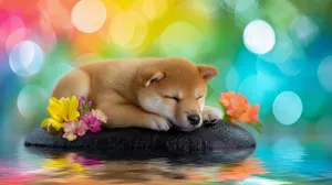Peaceful Shiba Puppy Sleeping On A Dark Stone With Pink Flowers Wallpaper