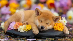 Peaceful Shiba Puppy Sleeping On A Dark Stone With Pink Flowers Wallpaper