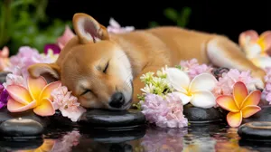 Peaceful Shiba Puppy Sleeping On A Dark Stone With Pink Flowers Wallpaper