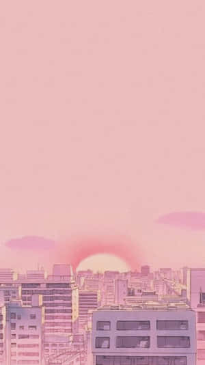 Peach 90s Anime Aesthetic Sunset City Wallpaper