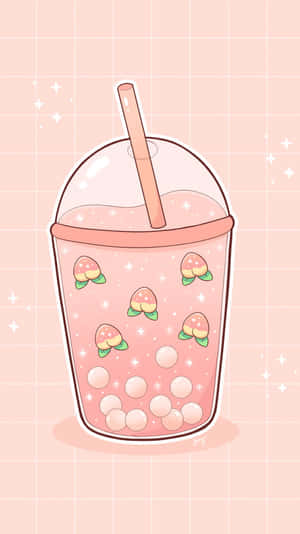 Peach Cute Boba In Pink Wallpaper