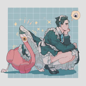 Pensive Characterwith Flamingo Creature Wallpaper