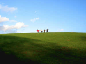 People_on_ Green_ Hilltop_with_ Blue_ Sky Wallpaper