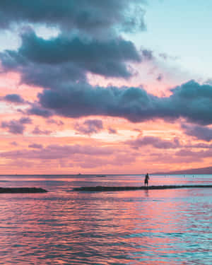 Person Looking At The Pink Beach Sunset Wallpaper