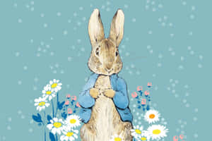 Peter Rabbit Blue Jacket Floral Background Wallpaper