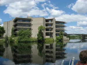Peterborough Riverfront Building Reflection Wallpaper