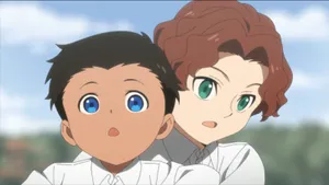 Phil From The Promised Neverland Standing In Front Of Grace Field House Wallpaper