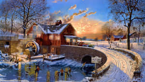 Picturesque Snowy Village In Winter Wallpaper