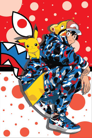 Pikachu And Ash With Bape Cartoon Wallpaper