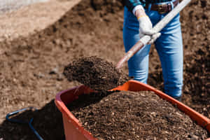 Pile Of Compost With Gardening Tools In A Lush Garden Wallpaper