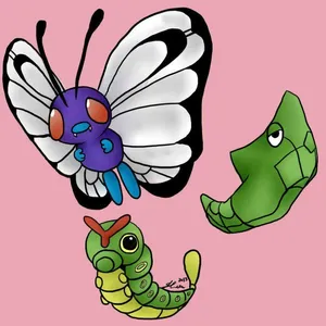 Pink Aesthetic Caterpie, Metapod, And Butterfree Wallpaper