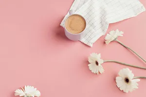 Pink Aesthetic Coffeeand Flowers Wallpaper