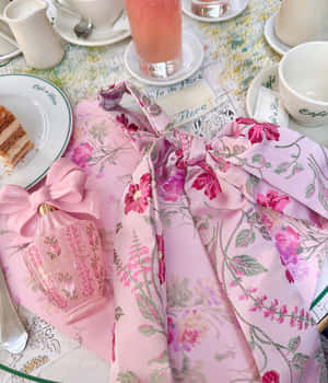 Pink Bow Perfume Floral Table Setting Wallpaper