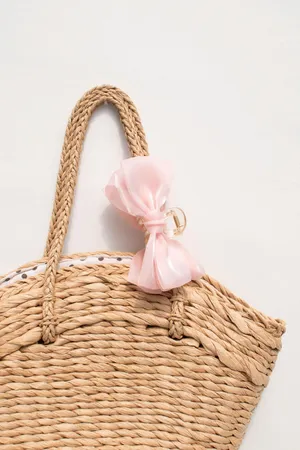 Pink Bow Woven Straw Bag Aesthetic Wallpaper