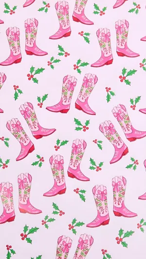 Pink Cowgirl Boots Christmas Pattern Wallpaper