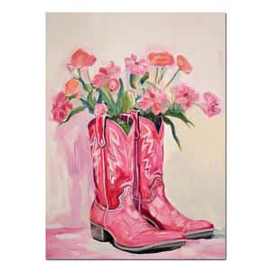Pink Cowgirl Boots Floral Arrangement Artwork Wallpaper