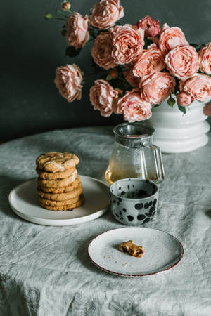 Pink Flowers Aesthetic On Table Wallpaper