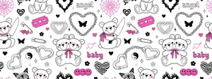 Pink Goth Teddy Pattern Wallpaper