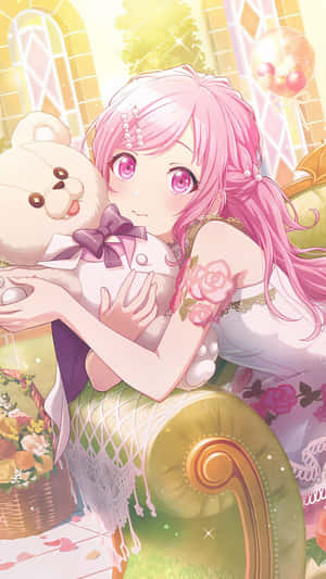Pink Haired Anime Girlwith Teddy Bear Wallpaper