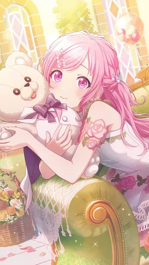 Pink Haired Anime Girlwith Teddy Bear Wallpaper