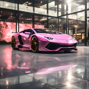 Pink Lamborghini Showroom Glow Wallpaper