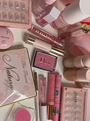 Pink Makeup Collection Flatlay Wallpaper