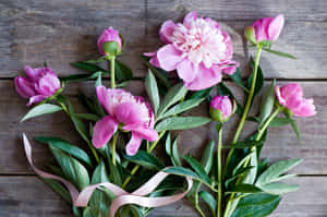 Pink Peony Bouquet Wooden Background Wallpaper