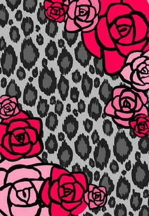 Pink Roses Black Leopard Print Pattern Wallpaper