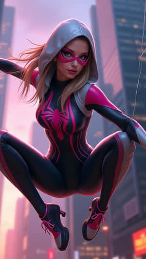 Pink Spider Woman Action Pose Wallpaper