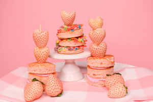 Pink Strawberry Macaron Dessert Display Wallpaper