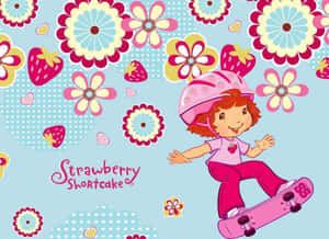 Pink Strawberry Shortcake Skateboarding With Flowers Wallpaper