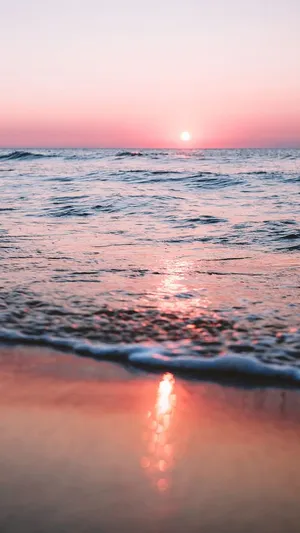 Pink Sunset Beach Waves Wallpaper