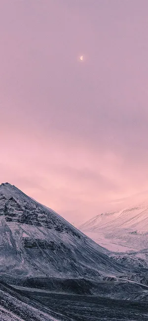 Pink Winter Mountain Moonrise Wallpaper