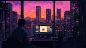Pixel Art Cityscape Workspace Wallpaper
