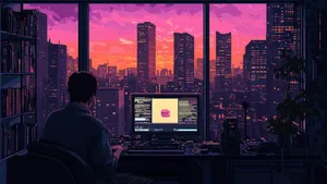 Pixel Art Cityscape Workspace Wallpaper