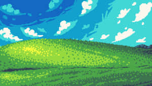 Pixelated_ Green_ Hill_and_ Blue_ Sky Wallpaper