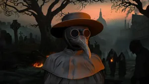 Plague Doctorin Cemeteryat Dusk Wallpaper