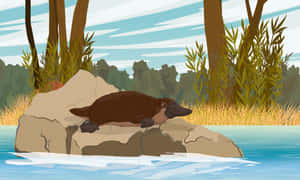 Platypus Restingon Riverbank Illustration Wallpaper