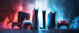 Play Station5 Consoleand Controllerswith Colorful Background Wallpaper